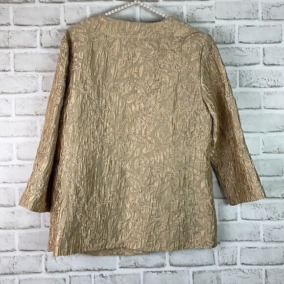 Chico’s Size 2 Medium Jacket Blazer Gold Metallic Embroidered Satin Sparkle - Picture 2 of 9